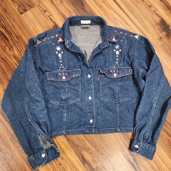 Vintage Levis Cropped Jean Jacket Rhinestones Studded - Picture 3 of 15